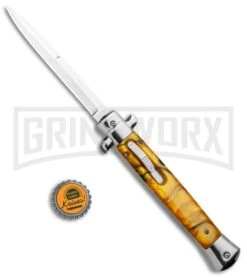 11" Italian Stiletto OTF Automatic Knife Yellow Acrylic Bayo (4.75" Satin) -Grindworx 11in Italian Stiletto OTF Auto Yellow Acrylic Bayo Satin GX 33860 jr bottlecap large