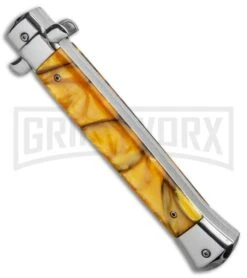 11" Italian Stiletto OTF Automatic Knife Yellow Acrylic Bayo (4.75" Satin) -Grindworx 11in Italian Stiletto OTF Auto Yellow Acrylic Bayo Satin GX 33860 jr side large
