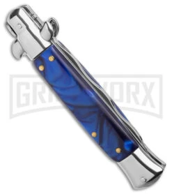 9" Anomaly Stiletto Blue Pearlex Automatic Knife - Satin Kriss -Grindworx 9in Anomaly Stiletto Blue Pearlex AK Satin Kriss BHQ 162171 td side large