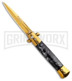9" Milano Stiletto Black Marble Gold Blade Automatic Knife - Gold Plain