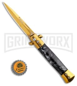 9" Milano Stiletto Black Marble Gold Blade Automatic Knife - Gold Plain -Grindworx 9in Milano Stiletto Black Marble Gold Blade Automatic Knife Gold Plain GSE018GDMBK GX 35286 LS Bottlecap 2 large