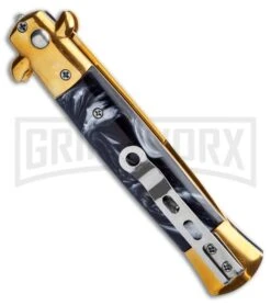 9" Milano Stiletto Black Marble Gold Blade Automatic Knife - Gold Plain -Grindworx 9in Milano Stiletto Black Marble Gold Blade Automatic Knife Gold Plain GSE018GDMBK GX 35286 LS Side 2 large