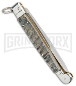 A.G.A. Campolin 9" Ram Horn Sicilian Ring Pull Automatic Knife - Bayonet -Grindworx AGA Camplin 9in Sicilian Ring Pull Auto Ram Horn Satin Bayo BHQ 100997 jr side large