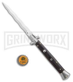 AGA Campolin 11" Ebony Wood Automatic Knife Italian Stiletto - Polish Satin -Grindworx AGA Campolin 11in Ebony Wood Auto Italian Stiletto Kriss Satin BHQ 175646 jr bottlecap large