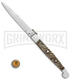 A.G.A. Campolin 16" Ram Horn Sicilian Ring Pull Automatic Knife - Bayonet -Grindworx AGA Campolin 16in Sicilian Ring Pull Auto Ram Horn Satin Bayo BHQ 87416 er bottlecap large