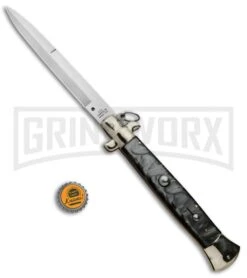 A.G.A. Campolin 18" Italian Stiletto Gray Ring Pull Automatic Knife - Bayo Satin -Grindworx AGA Campolin 18in Italian Stiletto Silver Ring Pull Bayo BP 30462 jr bottlecap large