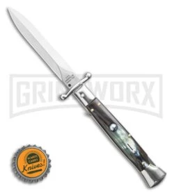 AGA Campolin 9" Stiletto Swinguard Brazilian Horn Automatic Knife - Dagger -Grindworx AGA Campolin 9 Swinguard Automatic Knife Brazilian Horn 5.75 Satin Dagger BHQ 121424 LS Bottlecap large