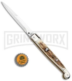 A.G.A. Campolin 9" Sicilian Stag Picklock Auto Sillito Knife - Bayonet -Grindworx AGA Campolin 9in Sicilian Picklock Auto Stag Horn Satin Bayo BHQ 81940 jr bottlecap large