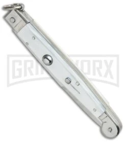 A.G.A. Campolin 9" Sicilian Ring Pull White Pearlex Automatic Knife - Bayonet -Grindworx AGA Campolin 9in Sicilian White Pearlex Ring Pull Bayo BP 19445 jr spine large