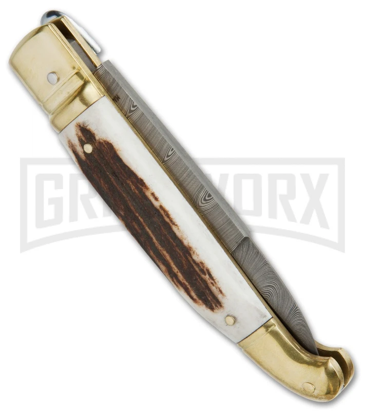 AGA Campolin Stag Horn Brass Lever Lock Automatic Knife - Damascus Plain 4 AGA Campolin Stag Horn Brass Lever Lock Automatic Knife - Damascus Plain - Image 2