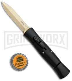 AKC 007 Concord Black OTF Automatic Knife - Dagger Gold Plain -Grindworx AKC 007 Concord Dagger OTF Auto Black Gold BP 28946 jr bottlecap large