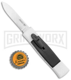 AKC Minion Concord White/Black OTF Automatic Knife - Spear Point Satin Plain -Grindworx AKC 007 Mini Concord OTF Auto White Black Satin BHQ 135712 jr bottlecap large