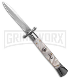 AKC Italian Stiletto Swinguard White Pearlex Automatic Knife - Polish Plain