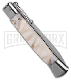 AKC Italian Stiletto Swinguard White Pearlex Automatic Knife - Polish Plain -Grindworx AKC 10in Italian Stiletto Swinguard White Pearlex Automatic Knife Polish Plain GX 41442 hd side large