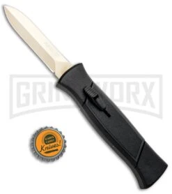 AKC 777 Blackfinger Black OTF Automatic Knife - Dagger Gold Plain -Grindworx AKC 777 Blackfinger OTF Auto Black Gold Dagger BHQ 92040 jr bottlecap large