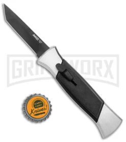 AKC 777 Blackfinger Brushed Aluminum OTF Automatic Knife - Black Tanto -Grindworx AKC 777 Blackfinger OTF Auto Brushed Aluminum Black Black Tanto BHQ 153398 jr bottlecap large
