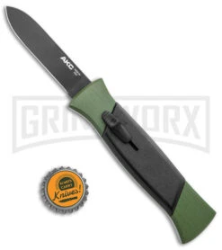 AKC 777 Blackfinger Green/Black OTF Automatic Knife - Black Plain -Grindworx AKC 777 Blackfinger OTF Auto Green Black Black Flat BHQ 138920 jr bottlecap large