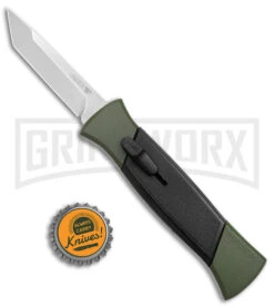 AKC 777 Blackfinger Green/Black OTF Automatic Knife - Satin Tanto -Grindworx AKC 777 Blackfinger OTF Auto Green Black SW Tanto BHQ 152941 jr bottlecap large