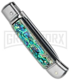AKC 8" Italian Stiletto Leverlock Abalone Automatic Knife - Flat -Grindworx AKC 8in LL Italian Auto Abalone Polish Flat BHQ 82042 jr side large