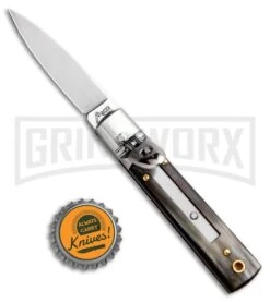 AKC 6" Mini Classic Lever Lock Brazilian Horn Automatic Knife - Satin Plain -Grindworx AKC Classic Leverlock Brazilian Horn BHQ 50889 ns bottlecap large