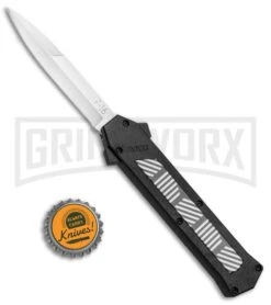 AKC F-16 Black/Stripe Inlay D/A OTF Automatic Knife - Bayo Satin Plain -Grindworx AKC F 16 Black Stripe Inlay DA OTF Bayo Satin Plain BP 25394 jr bottlecap large