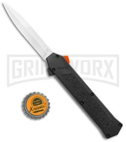 AKC F-16 Black D/A OTF Automatic Knife + Orange Button - Bayo Satin Plain -Grindworx AKC F 16 DA Bayo OTF Auto Black Orange Button Satin BHQ 102935 jr bottlecap large