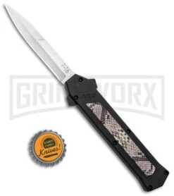 AKC F-16 Diamondback D/A OTF Automatic Knife - Bayo Satin Plain -Grindworx AKC F 16 DA Bayo OTF Auto Diamondback Satin BHQ 131609 jr bottlecap large