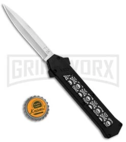 AKC F-16 Skulls D/A OTF Automatic Knife - Bayo Satin Plain -Grindworx AKC F 16 DA Bayo OTF Auto Skulls Satin BHQ 84593 jr bottlecap large