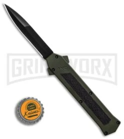 AKC F-16 OD Green D/A OTF Automatic Knife - Bayo Black Plain -Grindworx AKC F 16 DA Bayonet OD Green Black BHQ 86948 er bottlecap large