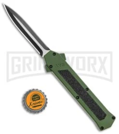 AKC F-16 Green D/A Dagger OTF Automatic Knife - Dagger Two Tone Plain -Grindworx AKC F 16 DA Dagger OTF Auto Green TT BHQ 115400 jr bottlecap large