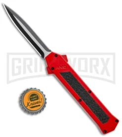 AKC F-16 Red D/A Dagger OTF Automatic Knife - Dagger Two Tone Plain -Grindworx AKC F 16 DA Dagger OTF Auto Red TT BHQ 112389 jr bottlecap large