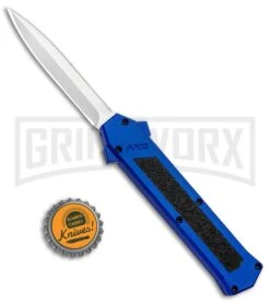 AKC F-16 Blue D/A OTF Automatic Knife - Dagger Satin Plain -Grindworx AKC F 16 DA Dagger OTF Blue Satin BHQ 93753 jr bottlecap large