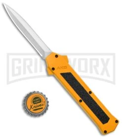 AKC F-16 Yellow D/A OTF Automatic Knife - Dagger Satin Plain -Grindworx AKC F 16 Yellow DA OTF Auto Dagger Satin GX 37626 jr bottlecap large