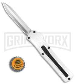 AKC F-20 White D/A OTF Automatic Knife - Spear Point Satin Plain -Grindworx AKC F 20 D A Spear Point OTF AK White Aluminium 3in Satin BHQ 158200 td size large