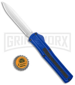AKC F-20 Blue D/A OTF Automatic Knife - Spear Point Satin Plain -Grindworx AKC F 20 DA Dagger OTF Auto Blue Satin BHQ 140833 jr bottlecap large