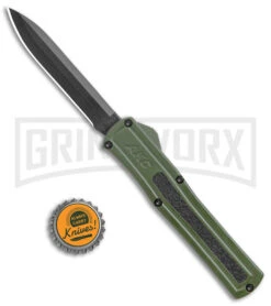 AKC F-20 Green D/A OTF Automatic Knife - Black Plain -Grindworx AKC F 20 DA Dagger OTF Auto OD Green Black BHQ 140846 jr bottlecap large 1