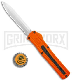 AKC F-20 Orange D/A OTF Drop Point Automatic Knife - Satin Plain -Grindworx AKC F 20 DA Dagger OTF Auto Orange Satin BHQ 140491 jr bottlecap large