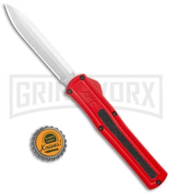 AKC F-20 Red D/A OTF Automatic Knife - Satin Plain -Grindworx AKC F 20 DA Dagger OTF Auto Red Satin BHQ 140483 jr bottlecap large