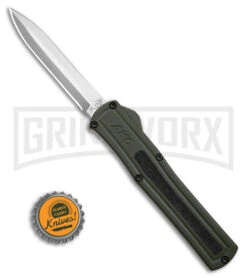 AKC F-20 D/A OTF OD Green Aluminum Automatic Knife - Satin Plain -Grindworx AKC F20 DA OTF AK Dagger OD Green Alum 3in Satin BHQ 178613 td size large