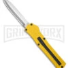 AKC F-20 D/A Dagger Yellow Aluminum OTF Automatic Knife - Satin Plain -Grindworx AKC F20 DA OTF AK Dagger yellow Alum 3in Satin BHQ 178761 td large