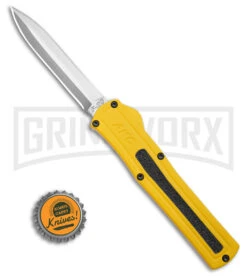 AKC F-20 D/A Dagger Yellow Aluminum OTF Automatic Knife - Satin Plain -Grindworx AKC F20 DA OTF AK Dagger yellow Alum 3in Satin BHQ 178761 td size large