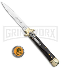 AKC 9" Ebony Leverlock Automatic Stiletto Bayonet Knife - Satin Plain -Grindworx AKC Leverletto LL Ebony Satin Bayo BHQ 139882 jr bottlecap large