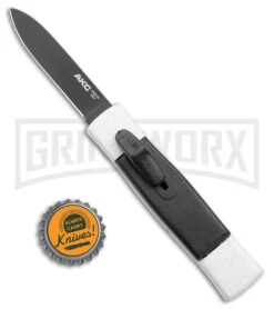 AKC Minion Concord White/Black OTF Automatic Knife - Flat Grind Black Plain -Grindworx AKC Minion Concord White Black OTF Auto Flat Grind Black Plain GX 14514 jr bottlecap large