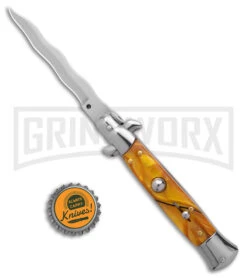 9" Anomaly Stiletto Yellow Pearlex Automatic Knife - Satin Kriss -Grindworx Anomally 9in Stiletto Yellow Pearlex Auto Satin Kriss BHQ 162148 jr bottlecap large