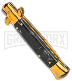 9" Anomaly Stiletto Black Pearlex Automatic Knife - Gold Bayo -Grindworx Anomaly Stiletto Black Pearlex AK 9in Gold Bayo GX 39375 td side large