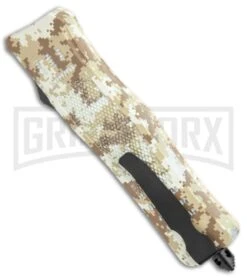 Atomic Defender Med OTF Auto Tanto Tan Camo Knife (3.25" Two-Tone Serr) -Grindworx Atomic Defender Medium OTF Auto Tan Camo TT Tanto Serr GX 37510 jr side large 1