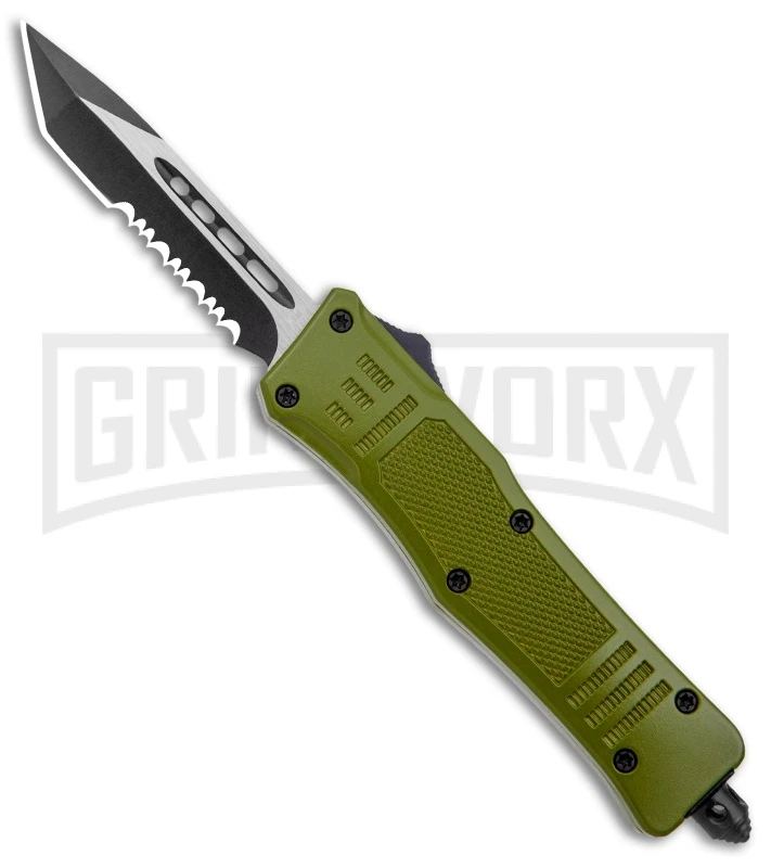 Atomic Defender Mini OTF Automatic Knife Army Green - Two Tone Serr Tanto 3 Atomic Defender Mini OTF Automatic Knife Army Green - Two Tone Serr Tanto