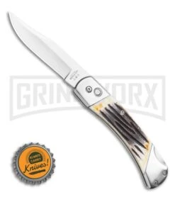 Bear And Son Stag Bone Automatic Lockback Knife- Satin Plain -Grindworx Bear and Son Automatic Lockback Knife Stag Bone 5 Satin BHQ 120298 LS Bottlecap large