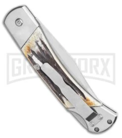 Bear And Son Stag Bone Automatic Lockback Knife- Satin Plain -Grindworx Bear and Son Automatic Lockback Knife Stag Bone 5 Satin BHQ 120298 LS Side large
