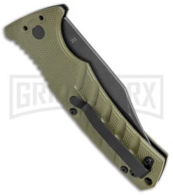 Boker Plus Strike OD Green Automatic Knife - Bowie Black Stonewash Plain -Grindworx Boker Plus Strike Bowie Auto OD Green Black Wash BHQ 125301 jr side large